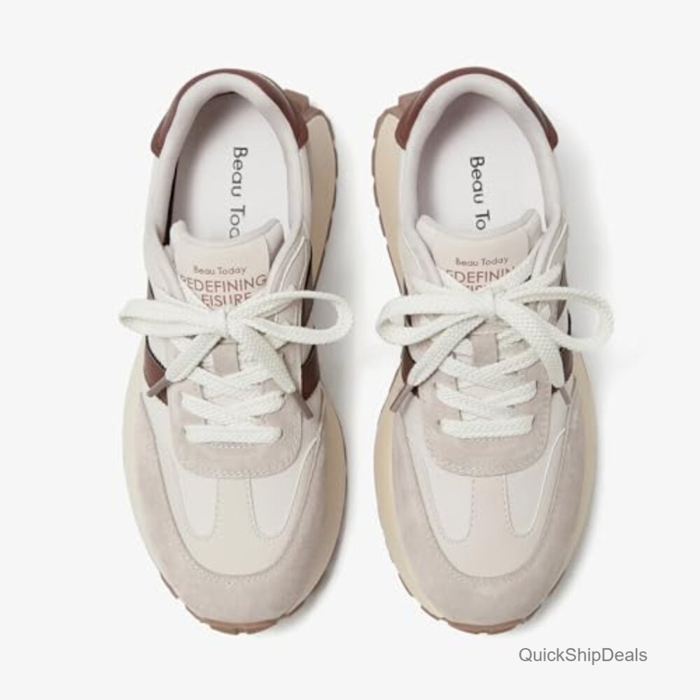 Genuine Leather Chunky Platform Retro Sneakers, Non-Slip Walking Shoes - Picture 3 of 7